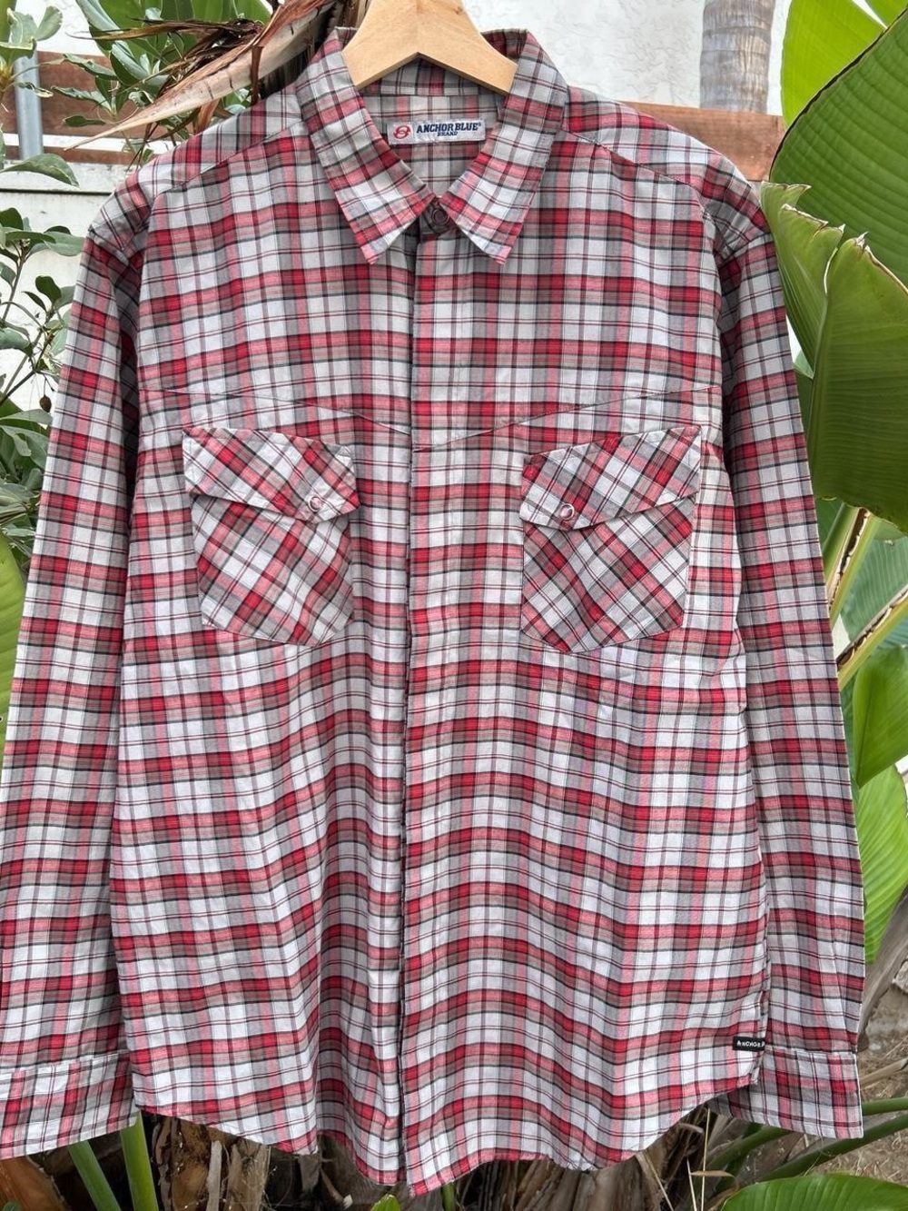 Anchor Blue Plaid Western Pearl Snap Shirt Men’s M Red Gray Long Sleeve
